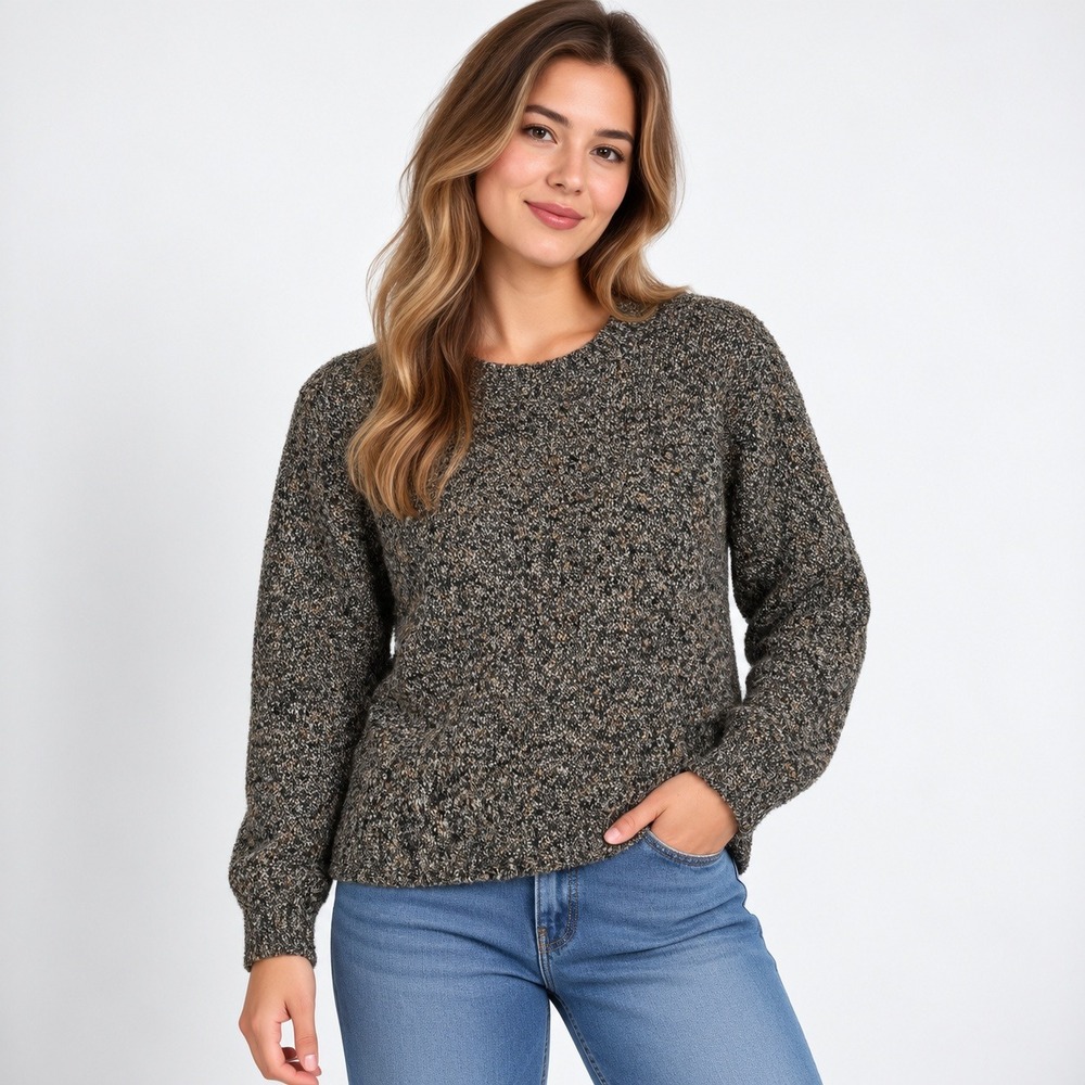 Alps Sweater Womens Large Black Brown Marled Knit Crew Neck Pullover Long Sleeve